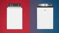 Speed Queen and Maytag top-load washers side by side on colored background