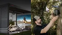 A split hero image from CES 2026 shows a Jackery smart outdoor living structure with built-in power and entertainment alongside a Defend solar-powered security camera being installed outdoors.