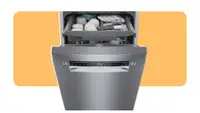 A dishwasher stands open on an orange background