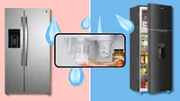 Refrigerator water dispenser filling a glass with filtered water, with droplets and fridge styles in background.
