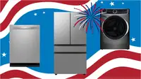 Stainless steel dishwasher, French-door refrigerator, and front-load washer displayed against a patriotic red, white, and blue background with fireworks graphics.