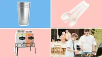 Steel reusable cups, recyclable utensils, drink dispenser with drinks inside, family of four barbecuing outdoors.