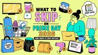 An illustration of a person on a laptop on a yellow background surrounding by product icons like air fryers, clothes, and blenders, each with an X on them