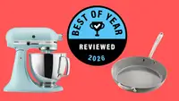 A red background with product images of a KitchenAid mixer and a frying pan
