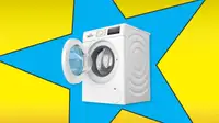 A washing machine inside a star frame on a yellow background