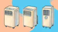 A sketch of three portable air conditioners on a flesh and blue background