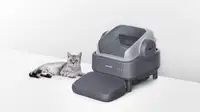 A cat lays beside the OneIsAll litter box