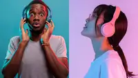 Two people listen to music through over-the-ear headphones