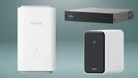 Three home security hubs sit on a light blue gray background