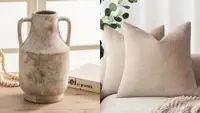 A tan terracotta vase sits on a light wood table. The next image is two tan chenille throw pillows on a beige couch.