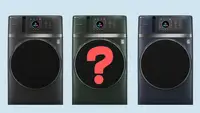 Three washer dryer combos on a blue background with a red question mark