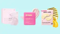 Three packages of skincare face masks and eye masks from medicube, BYOMA, and Stella & Grace against a light turquoise background.