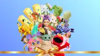 Several toys including Rumi, Grogu, Elmo, Pikachu, Smiski, Calico Critter, LEGO, Woody, and Barbie in front of a light blue background with a gold ribbon.