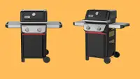 A front view and side view of the Weber Spirit E-210 Gas Grill against an orange background.