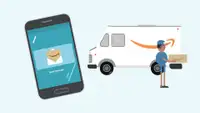 a cartoon of a phone on the left shows an amazon delivery message while the image on the right shows a cartoon delivery truck and amazon delivery driver