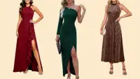 Three silhouettes of women wearing ankle or tea-length format dresses.