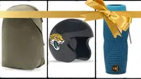 A beige backpage, a Jacksonville Jaguars football helmet, and a monocle