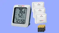 A TempPro thermometer showing readings for temperature and humidity silhouetted along with three temperature sensors and a two packages of AAA batteries against a blue lilac background.