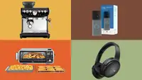 A Breville espresso machine, Ring Battery Doorbell, Ninja Foodi air fry oven, and Bose QuietComfort headphones on colorful backgrounds with a Prime Big Deal Days Reviewed badge.