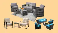 Three different patio furniture sets silhouetted against a yellow background.