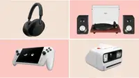 A collage featuring the Sony WH-1000XM5 headphones, Crosley turntable, ASUS ROG Xbox Ally, and the Polaroid Go Gen 3.