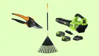 Pruning shears, a rake and a leaf blower with accessories on a green background