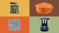 Woodwick candle, Barefoot throw blanket, Lodge cast iron dutch oven, Keurig K-Elite Coffee Maker