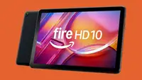 The Amazon Fire HD 10 tablet shown from the front and back on an orange background.