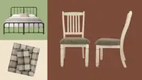 Signature Design by Ashley Bolanburg Upholstered Wood Dining Chairs, Zinus Leonardo Metal Platform Bed Frame, and Comfort Spaces 100% Cotton Flannel Sheets on a brown, green, and cream background.