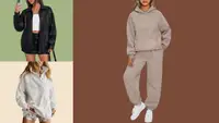 A three square image features a brunette woman in a black leather jacket on a green background, a woman in a grey henley on a beige background, and a woman in a light brown sweat set with a mockneck on a chocolate brown background