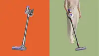 Lone Dyson V8 Cordless Vacuum against an orange background on the left and the Dyson V8 Cordless Vacuum being held by a person wearing a tan outfit against a green background on the right.