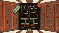 A brown and black graphic displaying text "Prime Big Deal Days" with dollar signs, a discount symbol, and a "Reviewed" price tag.