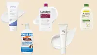 A selection of moisturizers and lotions from Aestura, Lubriderm, Aveeno, Palmer's, and Beauty of Joseon on a beige background.