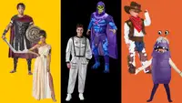 A gladiator, goddess, astronaut, Skeletor, cowboy, and Boo in front of a tri-color background