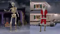 The Home Depot's 12 foot Skelly skeleton displayed in a Halloween yard scene and dressed in a Santa Claus outfit for the holiday season