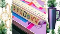 A gold watch, a mahjong, and coffee travel mug