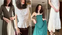 Four images of woman wearing various boho clothing items.