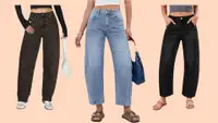 Cropped models wearing leopard print barrel jeans, blue barrel jeans, and black barrel jeans against a peach-colored backdrop.