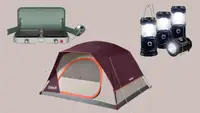 A camping stove, tent, and set of four camping lanterns silhouetted against a grey background.