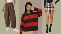 Preppy pieces — gingham pants, rugby sweater, plaid mini — against a brown and green background