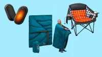 Electric handwarmers, a wearable camping blanket with a woman wearing it, and a heated folding chair.