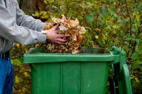 Man cleaning up leaves in fall
