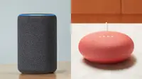 An Amazon Echo speaker sits next to a Google Home Mini speaker.