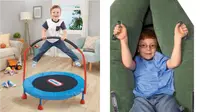 Little boy jumping on trampoline and a boy in an inflatable peapod