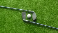 Two golf clubs and a golf ball on a putting green