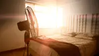 A fan in a sunlit bedroom