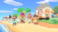 A group of friends stand on a beach in Animal Crossing: New Horizons.