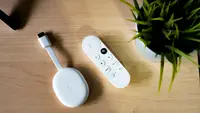The Google Chromecast with Google TV on a desk