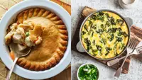 On left, a turkey pot pie in a white dish . On right, a veggie frittata on a wooden surface.