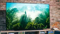 The 65-inch LG CX OLED TV displaying 4K content in front of a brick wall